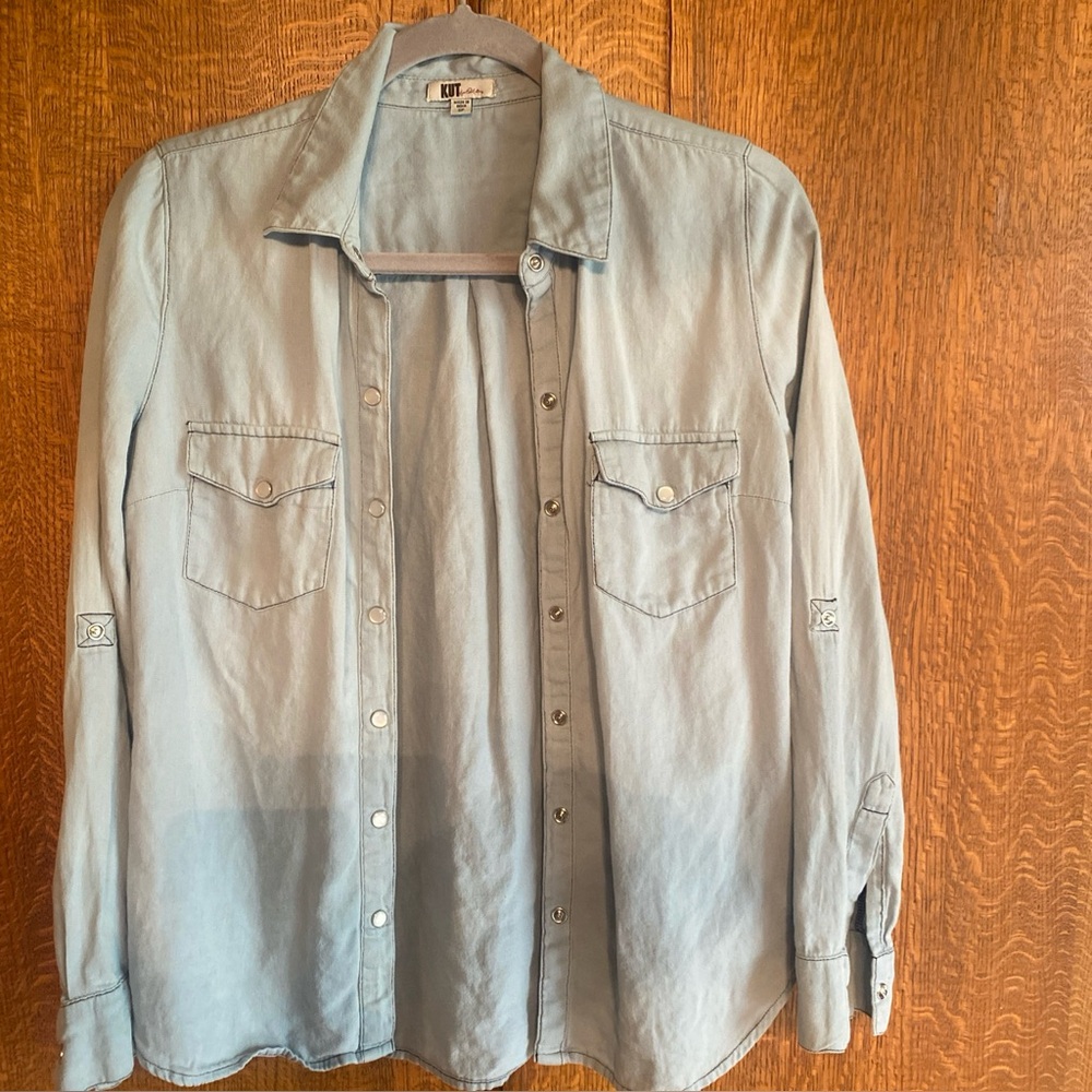 KUT from the cloth denim jean shirt snap bottom Sz S